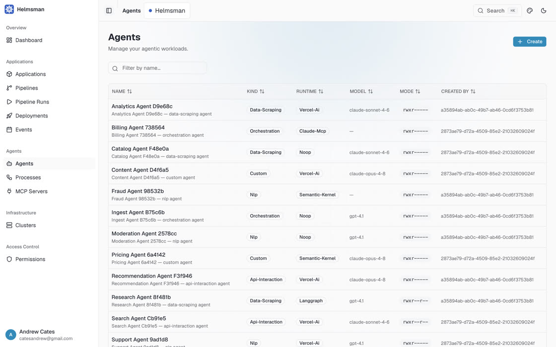 Helmsman agent list showing real AI agent runtimes with permission modes
