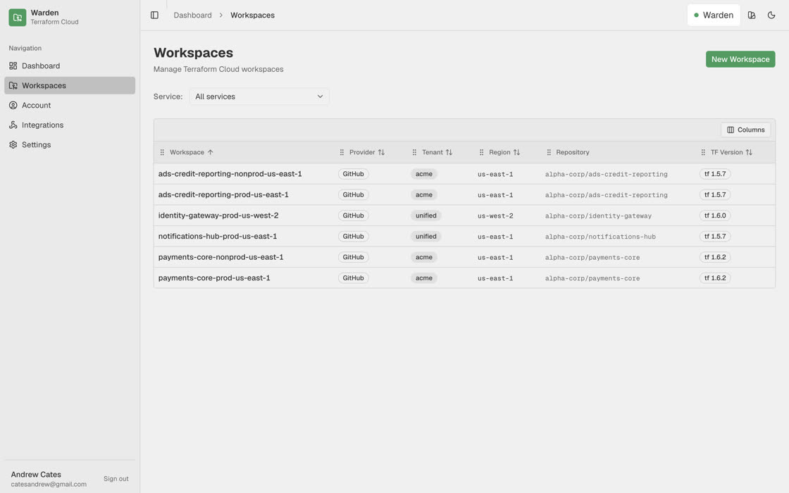 Warden workspace list showing Terraform Cloud workspaces by tenant and region