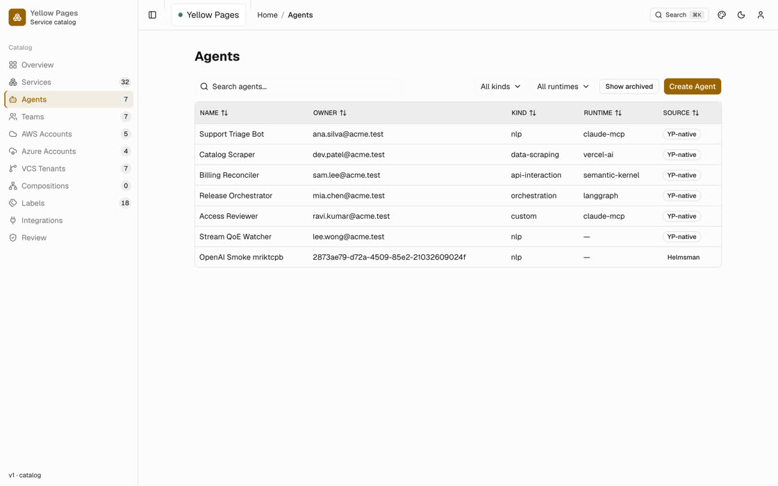 Yellow Pages agent catalog, showing agents with owners, kinds, and runtimes